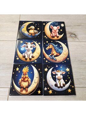 6 Whimsical Celestial Stars Moon Rooster Cow Horse Farm Vibrant Coaster Tiles